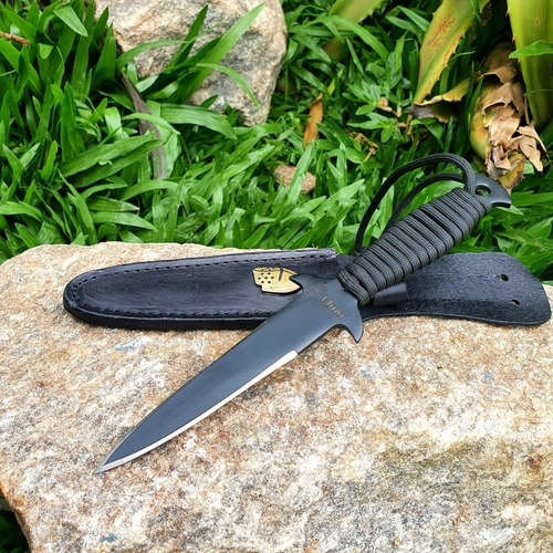 Punhal Tático Militar Elmo Black Todo Preto Cabo Em Paracord