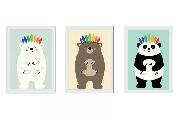 Kit 3 Quadros Quarto, Infantil, Bebe,safari, Urso, Panda