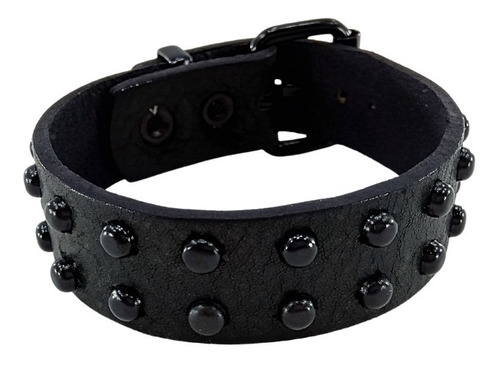 Pulsera Muñequera Cuero Vacuno Negro Liso Con Tachas 