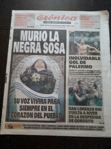 Tapa Diario Crónica 5 10 2009 Murio Muerte Mercedes Sosa 