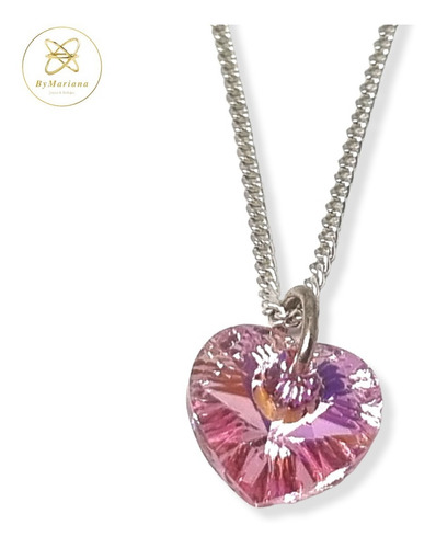 Imagen 5 de 8 de Cadena Plata + Dije Corazon Cristal Swa Rosa 10 Mm