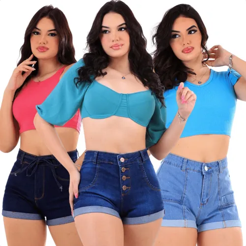 Kit 3 Short Jeans Feminino Cintura Alta Barato Atacado Frete gr tis