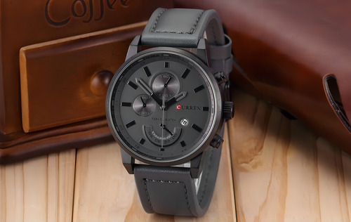 Relógio De Pulso Curren Curren Casual Com Corria De Couro Sintético Cor Cinza-escuro - Bisel Preto