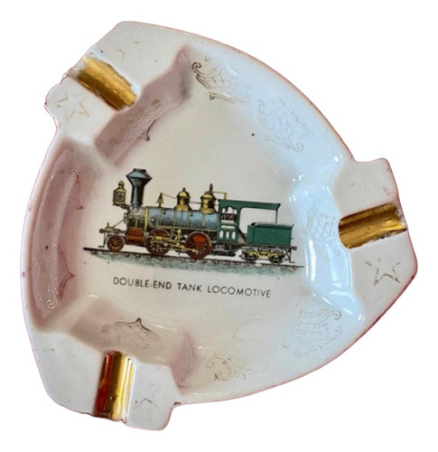 Antiguo Cenicero De Porcelana Locomotora Pintura Oro 24k