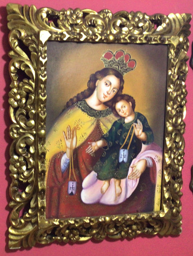 Pintura Oleo Escuela Cuzqueña Virgen Dl Carmen Y Pan De Oro