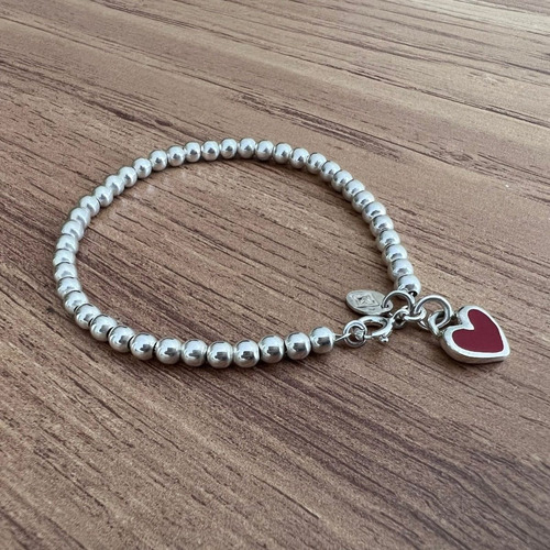 Imagen 5 de 10 de Pulsera Bolitas Dije Corazón Rojo Plata .925 Agálea Joyería
