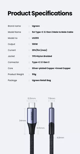 Cable USB-C 3.1 Gen 2 Ugreen De 1 Metro PD100W 10Gbps