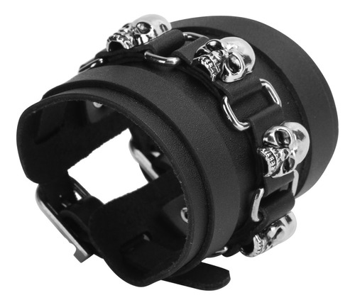 Pulsera De Cuero Ajustable Estilo Punk Metal Calavera Rock