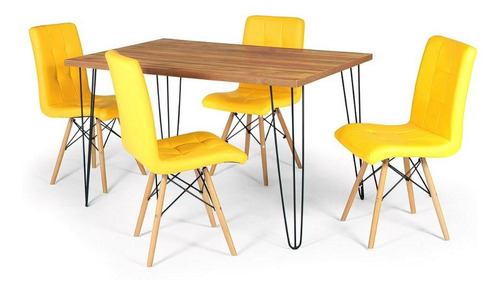 Kit Mesa De Jantar Hairpin 130x80 Natural + 4 Cadeiras Gomos Cor Amarelo
