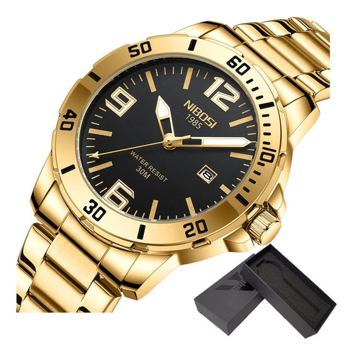Relógios casuais Nibosi com calendário luminoso para homens, cor de fundo dourado/preto