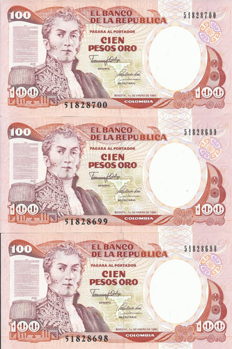 Colombia Trío Consecutivo 100 Pesos 1 Enero 1990