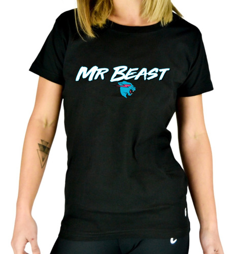Remera Mujer Negra Personalizada Logo Mr Beast