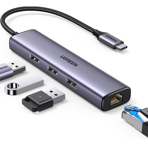 Hub 4 Em 1 Ugreen Usb Tipo-c Para 3* Usb 3.0 + Rj45 Ethernet