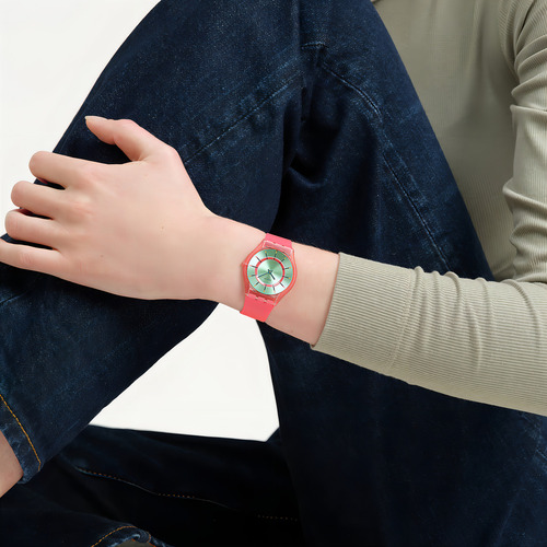 Reloj Swatch Minty Mango Dream Ss08p111 Correa Rojo Bisel Naranja Fondo Verde