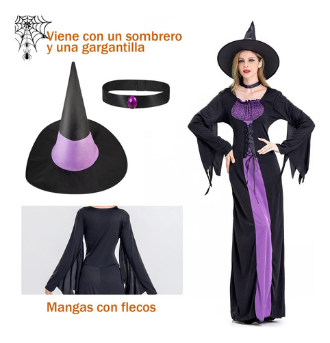 Disfraz Halloween Mujer Gothic,con Sombrero Y Cuello De Mago