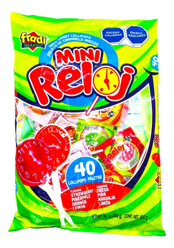 Paleta Mini Reloj 40pz Dulces Fresa Piña Naranja Limón