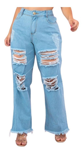 Calça Jeans Wide Leg Pantalona Rasgada Destroyed Moda Retrô