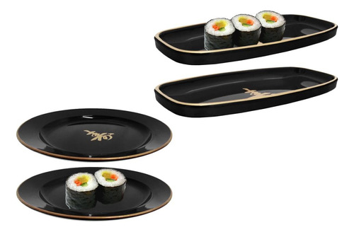 Kit Para Comida Japonesa Com 2 Pratos Redondo + 2 Mini Tigel