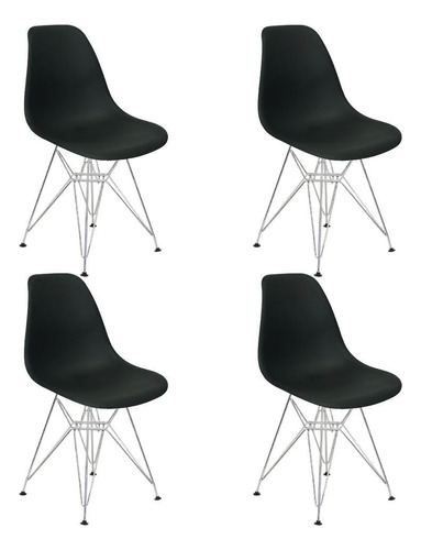 Kit 4 Cadeiras Charles Eames Eiffel Base Metal Cromado Preta