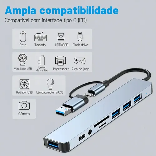 Hub USB-C 8 em 1 Knup Cinza com Leitor de Cartão SD e Micro SD
