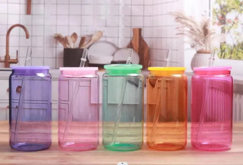 Set De 6 Vasos Acrílicos 500ml Tipo Mason Jar Con Tapa Y Popote Reutilizables Resistentes Para Fiesta Hogar Picnic Agua Jugo Bebidas Frías Coloridos