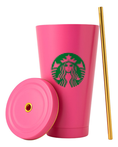 Vaso Liso De Metal De 600 Ml Con Tapa Y Popote Color Fucsia (clicuc)