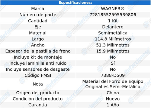 Balatas Semimetalicas Delanteras Nissan Tsuru 1993-1996