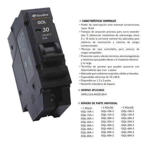Imagen 2 de 6 de Breaker Breker Interruptor Termomagnetico 30a 1p Exceline /