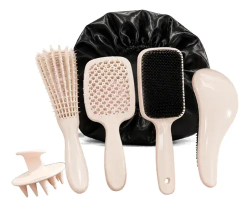 Kit 5 Escovas Cabelo Escova Polvo Mágica Raquete Vazada Touc Off White