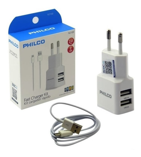 Cargador Celular Rápido 2 Usb + Cable Micro Usb 2amp Philco