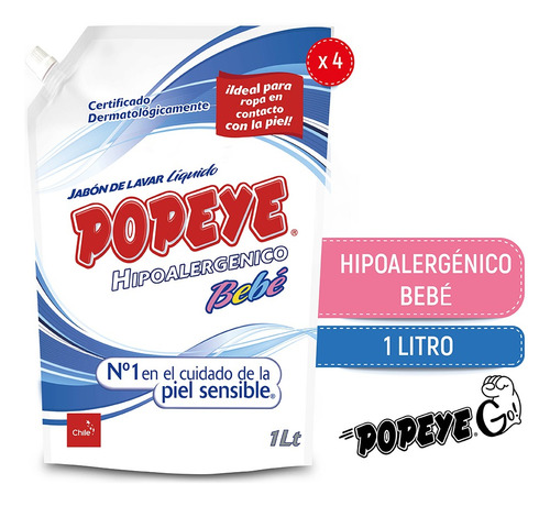 Jabón Lavar Líquido Hipoalergénico Popeye Bebé Doypack 4x 1l