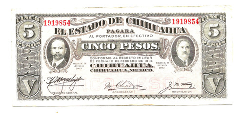 Billete De Revolucion 5 Pesos Chihuahua Crisp.