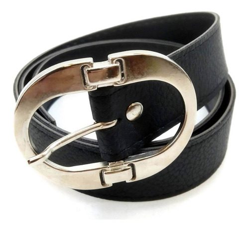 Imagen 1 de 10 de Cinturon Negro Mujer Eco Cuero Capreado Hebilla Niquel 32 Mm