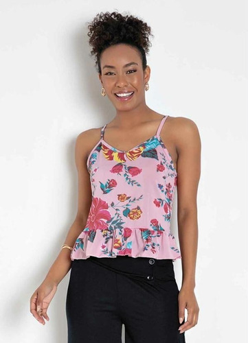 Blusa Floral Com Babado Na Barra Decote Redondo Alças