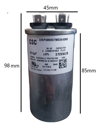 Capacitor Csc Aluminio 40uf +-6%, 370 Vac/b Poliequipos.com