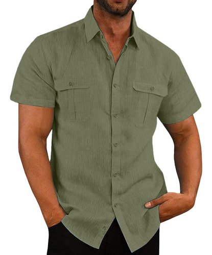 Camisa Boton Para Hombre Estilo Casual Manga Corta Lino Lisa