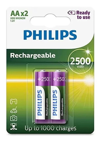 04 Pilhas Aa Pequena 2500mah Recarregável Philips 2 Cartelas