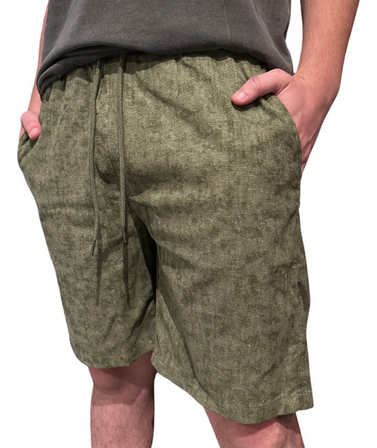 Bermuda Lino Hombre Lisa Cara Cruz Jeans Lavada Con Bordado