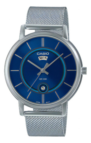 Reloj Casio Mtp-b120m-2a Sumergible Unixes Metal Calendario Color De La Malla Plateado Color Del Bisel Plateado Color Del Fondo Azul