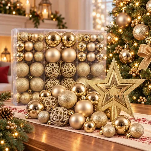 Kit Bolas De Natal Decoração Árvore Com  Estrela 101 Pçs Dourado