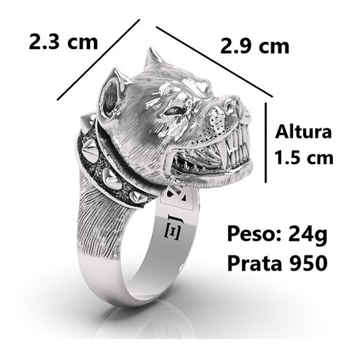 Anel Dog, Anel Pitbull, Prata 950, Anel Dedeira Masculino