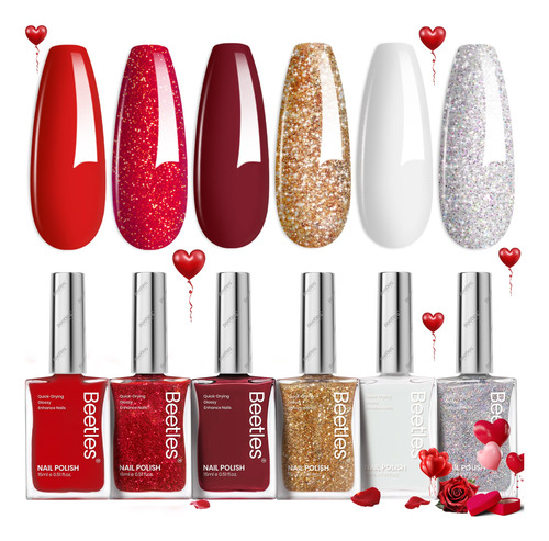 Set De Esmaltes De Uñas Beetles Red Glitter Burgundy, 6 Unid