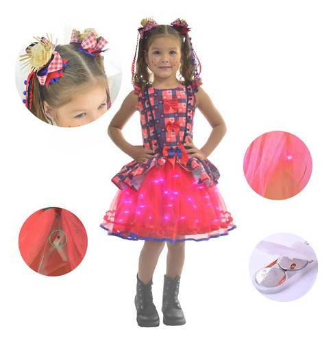 Vestido Festa Junina Xadrez Tule Vermelho Com Led + 2 Laço