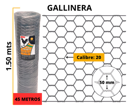 Malla Hexagonal Gallinera 1.50 X 45 Metros Abertura 50mm C20