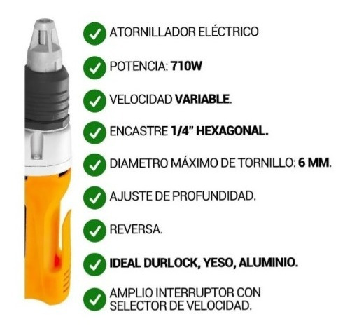 Imagen 3 de 6 de Atornillador Durlock Lusqtoff 1/4 Hexagonal 710w