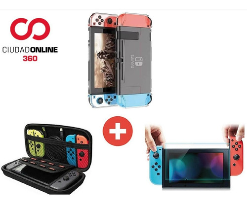 Kit X5 Funda Nintendo Switch Accesorios: Acrílico X3 + Funda + Vidrio Templado