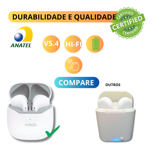 Fone Bluetooth Original Kaidi 5.1 Cor Branco Resistente S/fi Branco