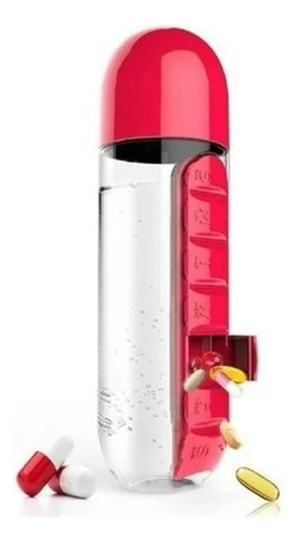 Botella De Agua 600ml + Organizador De Pastillas Color Rojo