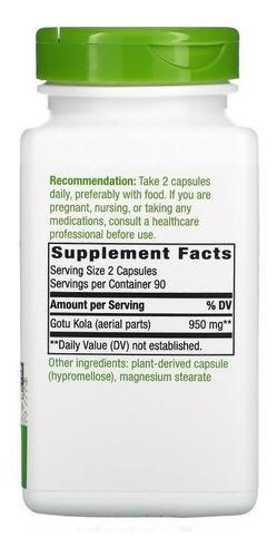 Imagem 2 de 4 de Gotu Kola Importada 950mg (extrato Concentrado) - 180 Caps