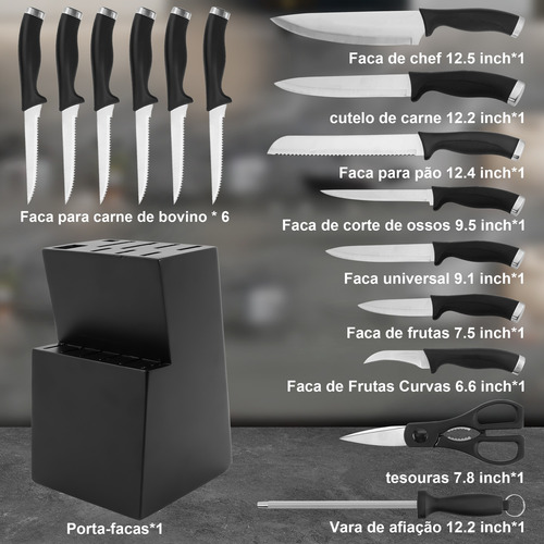 Jogo De Facas Chef 16 Peças Com Lâminas Em Aço Inox E Cabos